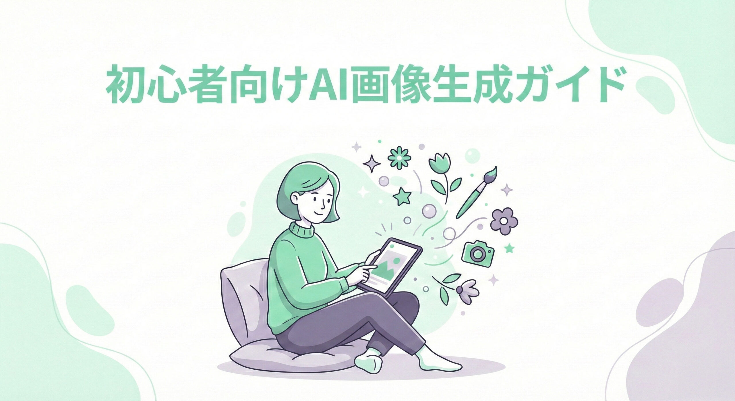 明るいリビングでノートパソコンを使いながら笑顔を見せる女性（ママ）と、画面から溢れ出すミントグリーンとパープルの魔法のような光のエフェクト（AI画像生成のイメージ）