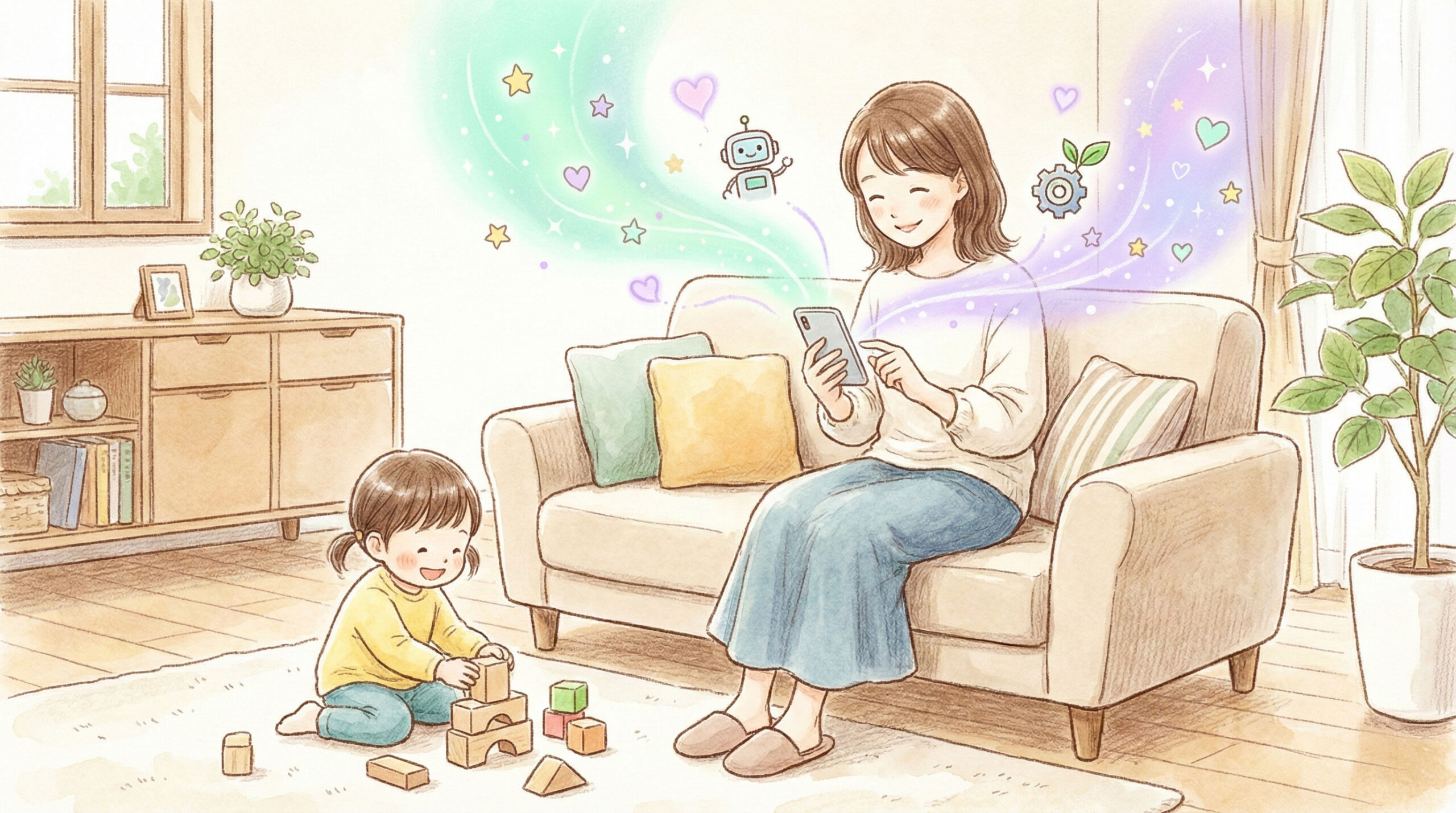 明るいキッチンで、片手で子供と触れ合いながらスマホでAIを活用してタスク管理をするママのイメージ。ミントグリーンとパープルの柔らかな配色。