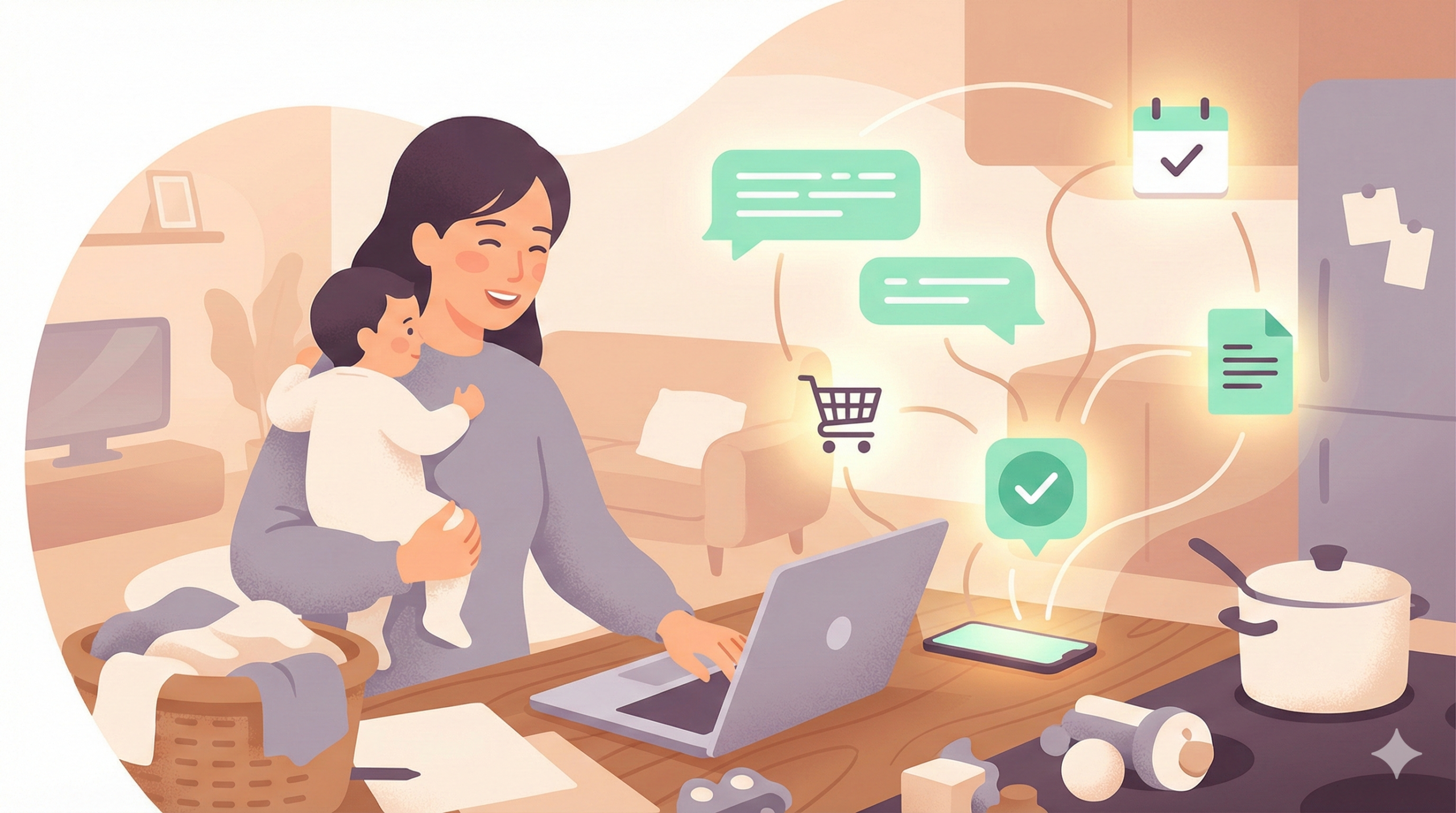 ママの家事と仕事を効率化するChatGPT活用のイメージイラスト