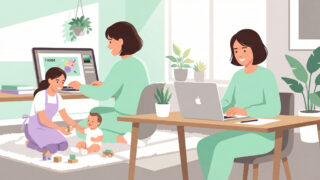 ミントグリーンの服を着たママが、明るい自宅リビングでシッターに赤ちゃんを預けながら、笑顔でWebデザインの学習に集中しているモダンなフラットイラスト。Fammスクールの受講イメージ。