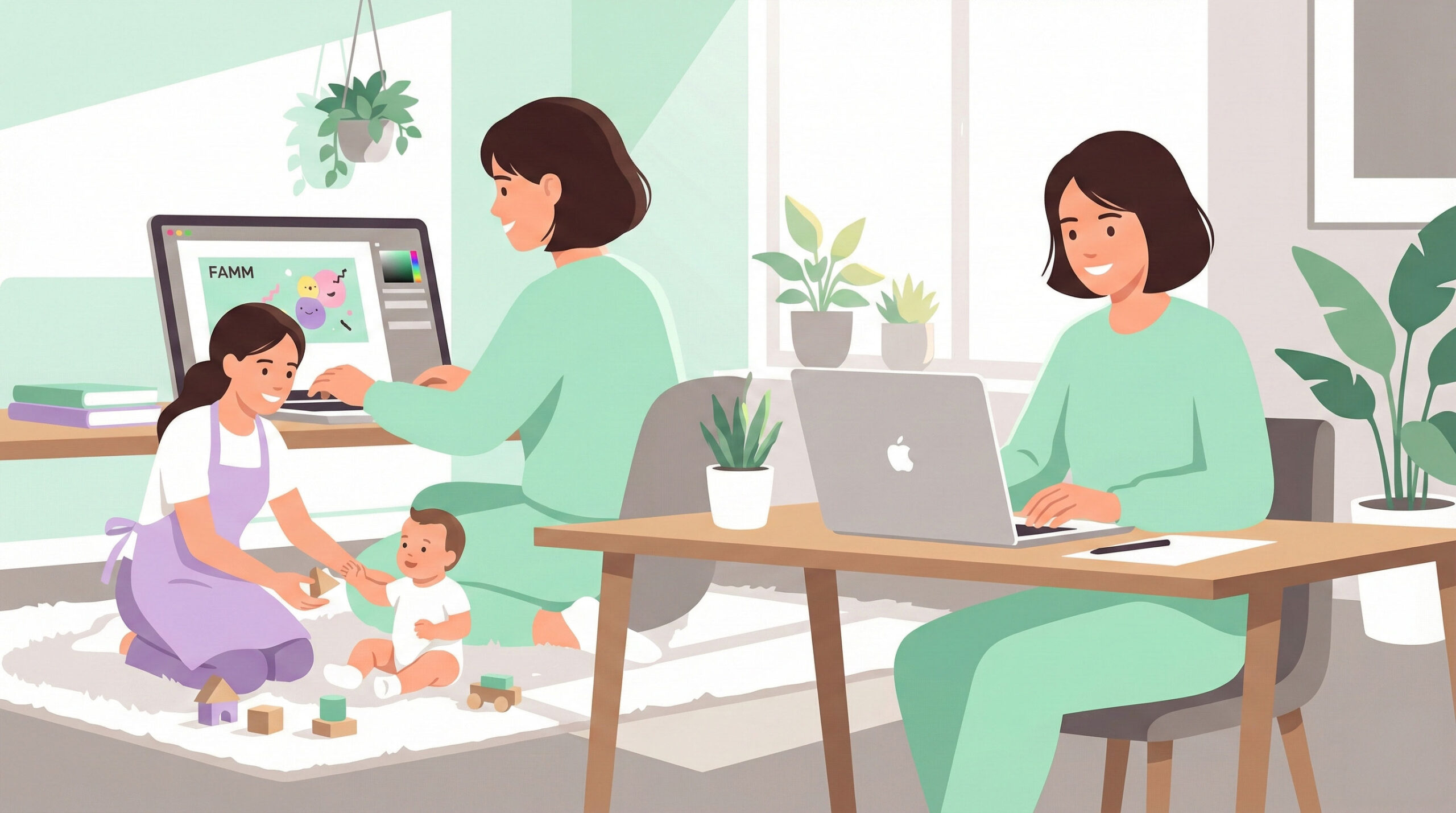 ミントグリーンの服を着たママが、明るい自宅リビングでシッターに赤ちゃんを預けながら、笑顔でWebデザインの学習に集中しているモダンなフラットイラスト。Fammスクールの受講イメージ。
