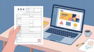 開業届を持つ手とWebデザイン中のPC、子供の描いた絵のイラスト