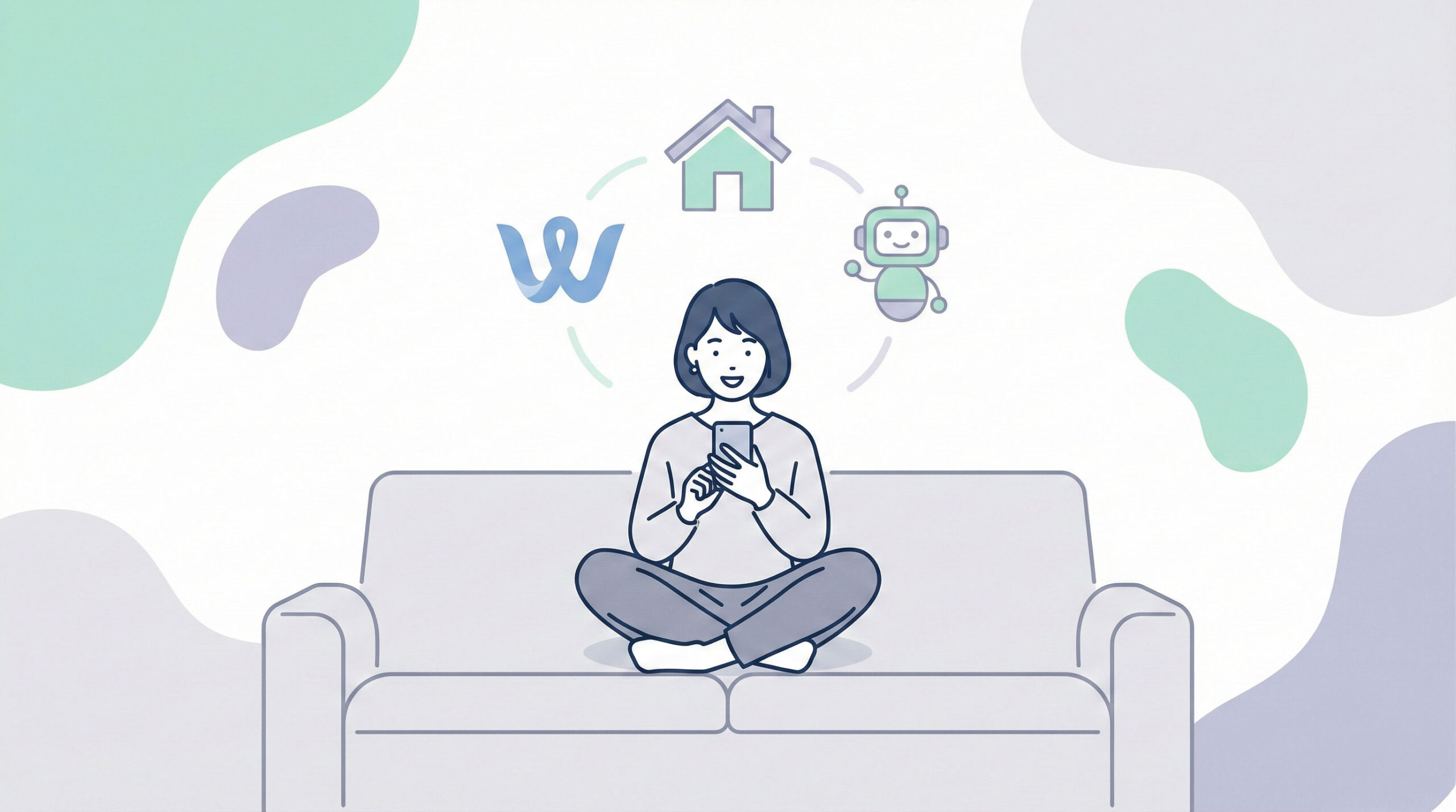 スマホでWordPressブログを開設する主婦のイメージイラスト