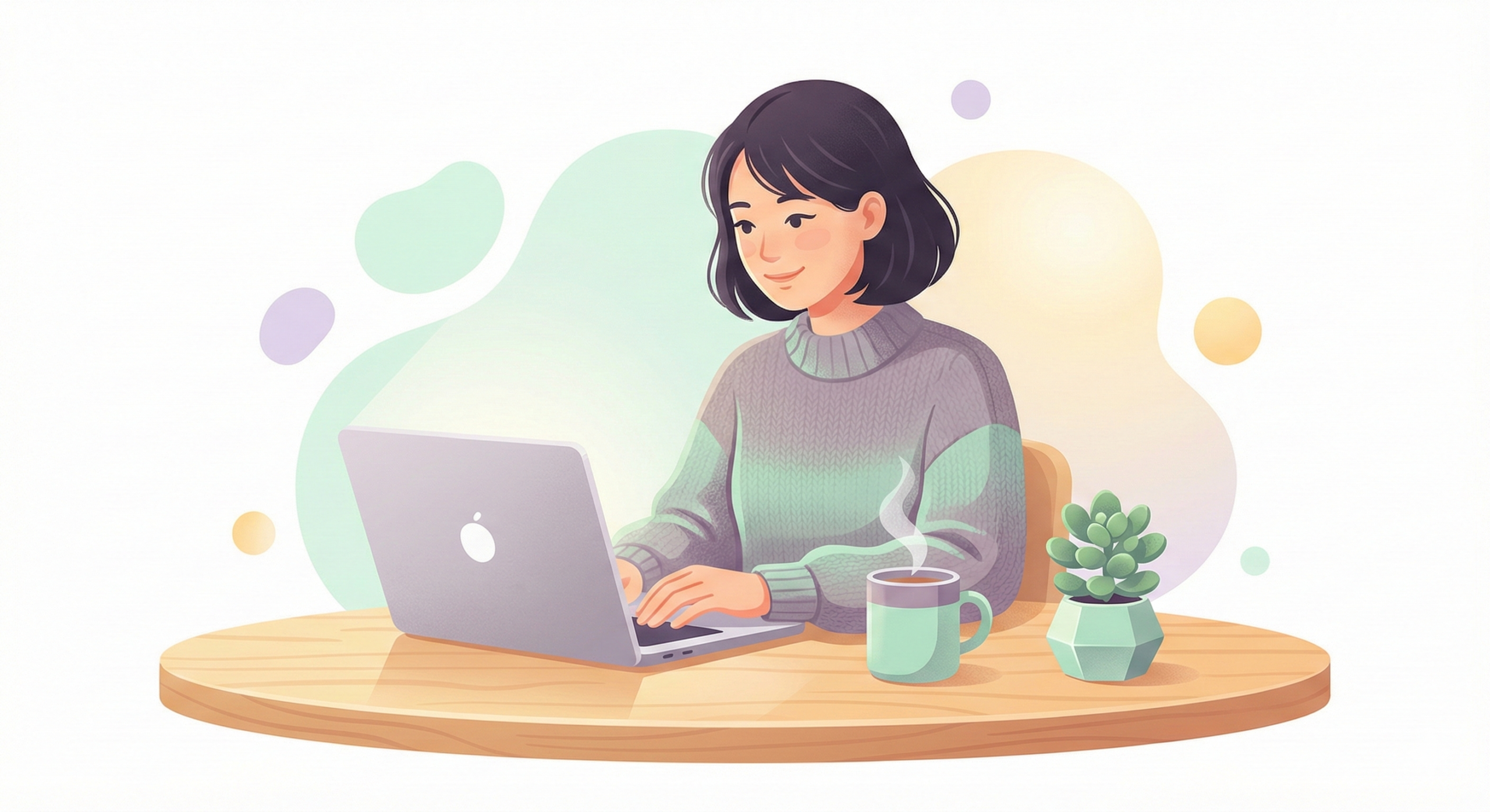 在宅ワークをこなすママの温かみのあるモダンなイラスト