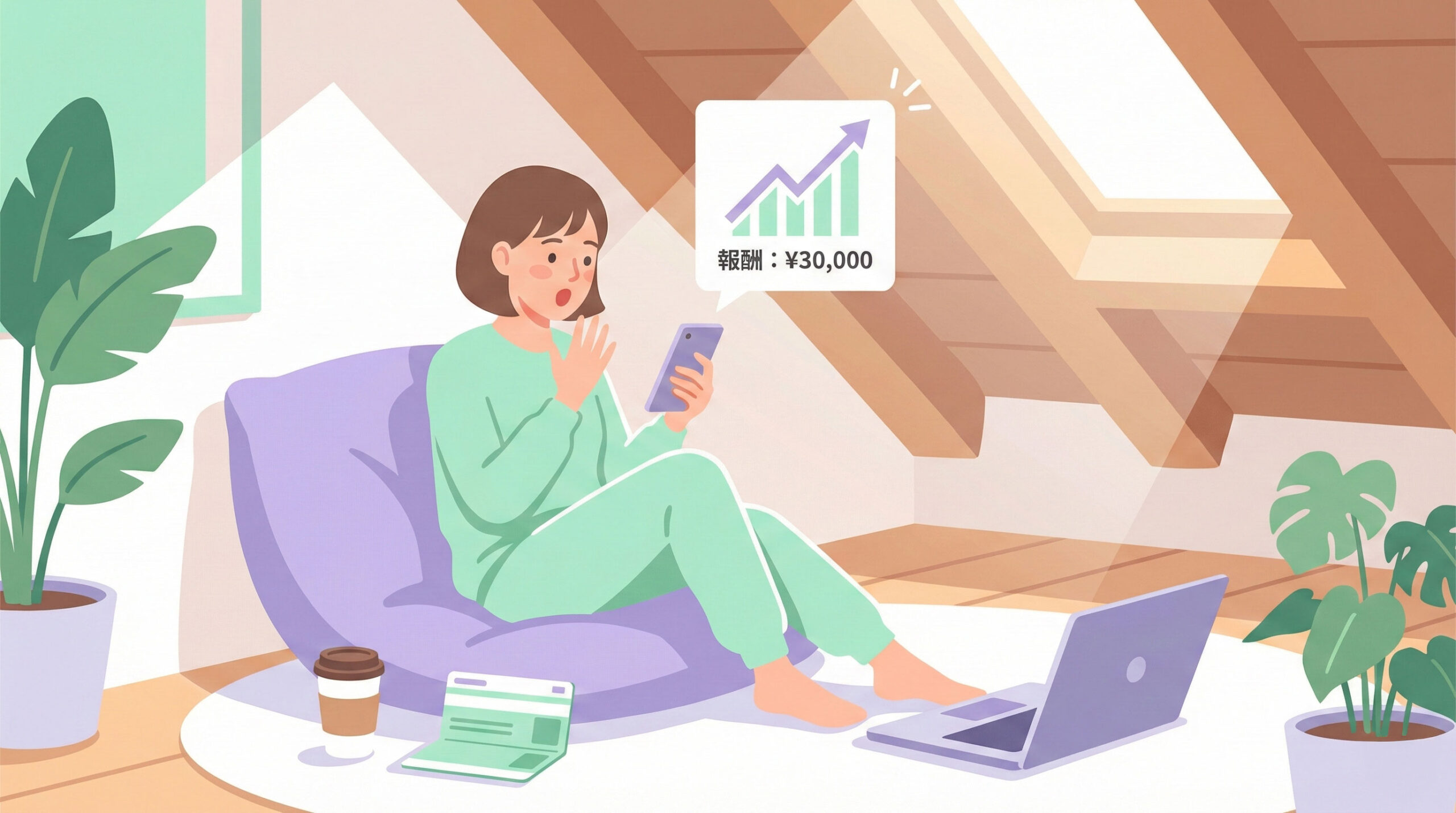 スマホで「報酬：¥30,000」の発生を確認して、驚き喜んでいる在宅ワーク中のママのイラスト。日当たりの良いロフトで、傍らには通帳とノートパソコンがある。