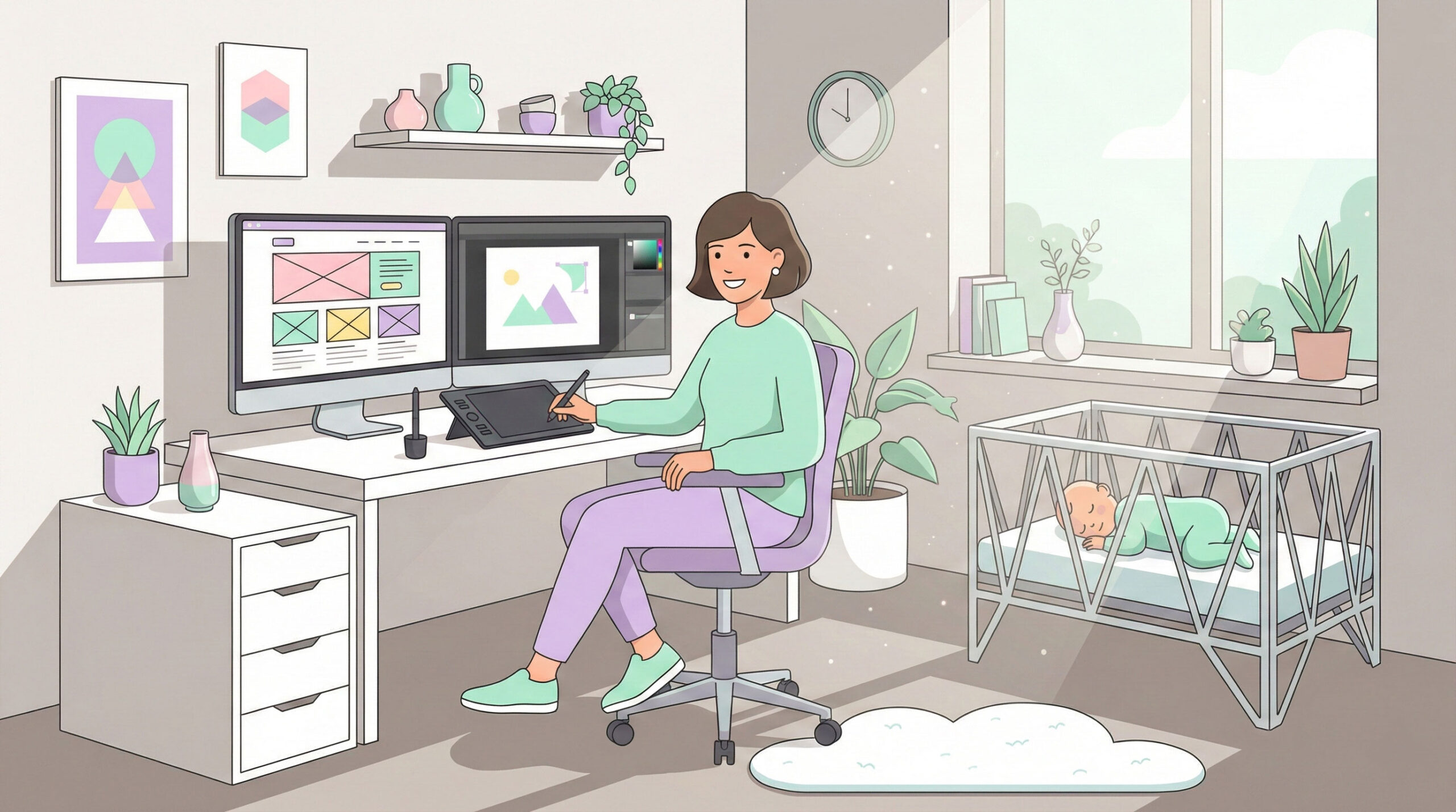 ミントとラベンダーカラーの明るい部屋で、眠る赤ちゃんのそばでWebデザインの仕事に打ち込む女性のモダンなフラットデザインイラスト。デュアルモニターとペンタブレットがあるプロフェッショナルな在宅環境。
