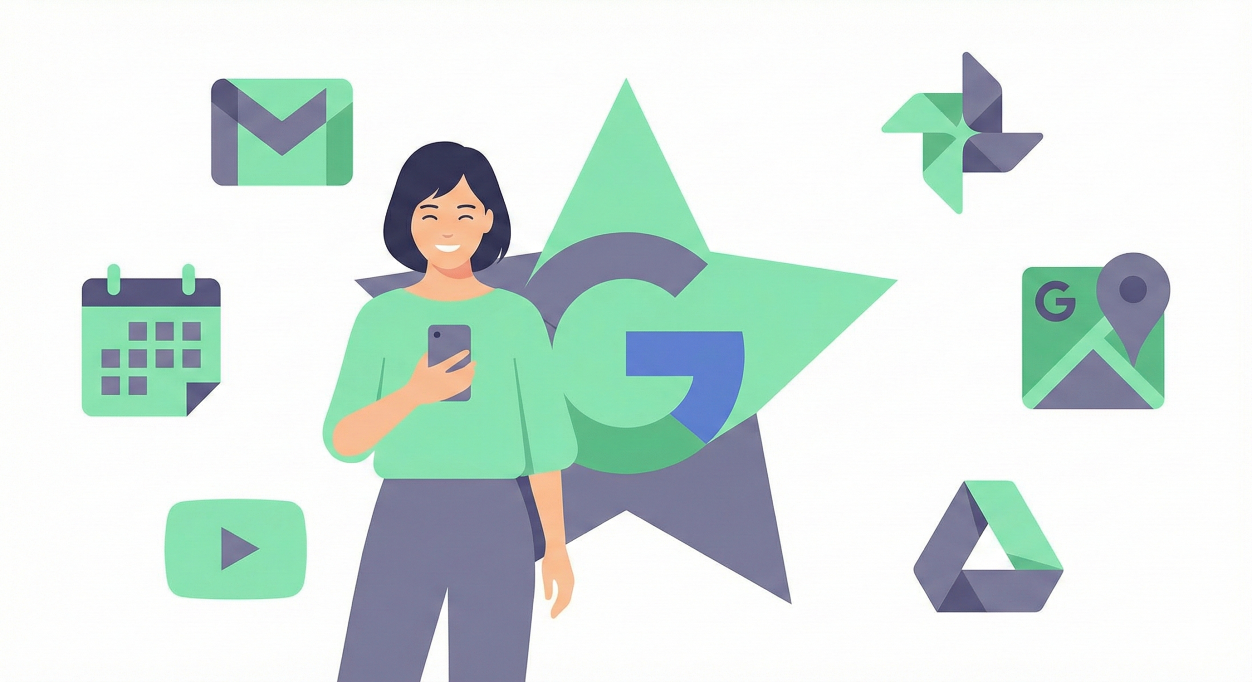スマホを使いながらGeminiやGoogleサービスのアイコンに囲まれて笑顔を見せるママのモダンフラットなイラスト。ミントグリーンとパープルの配色。