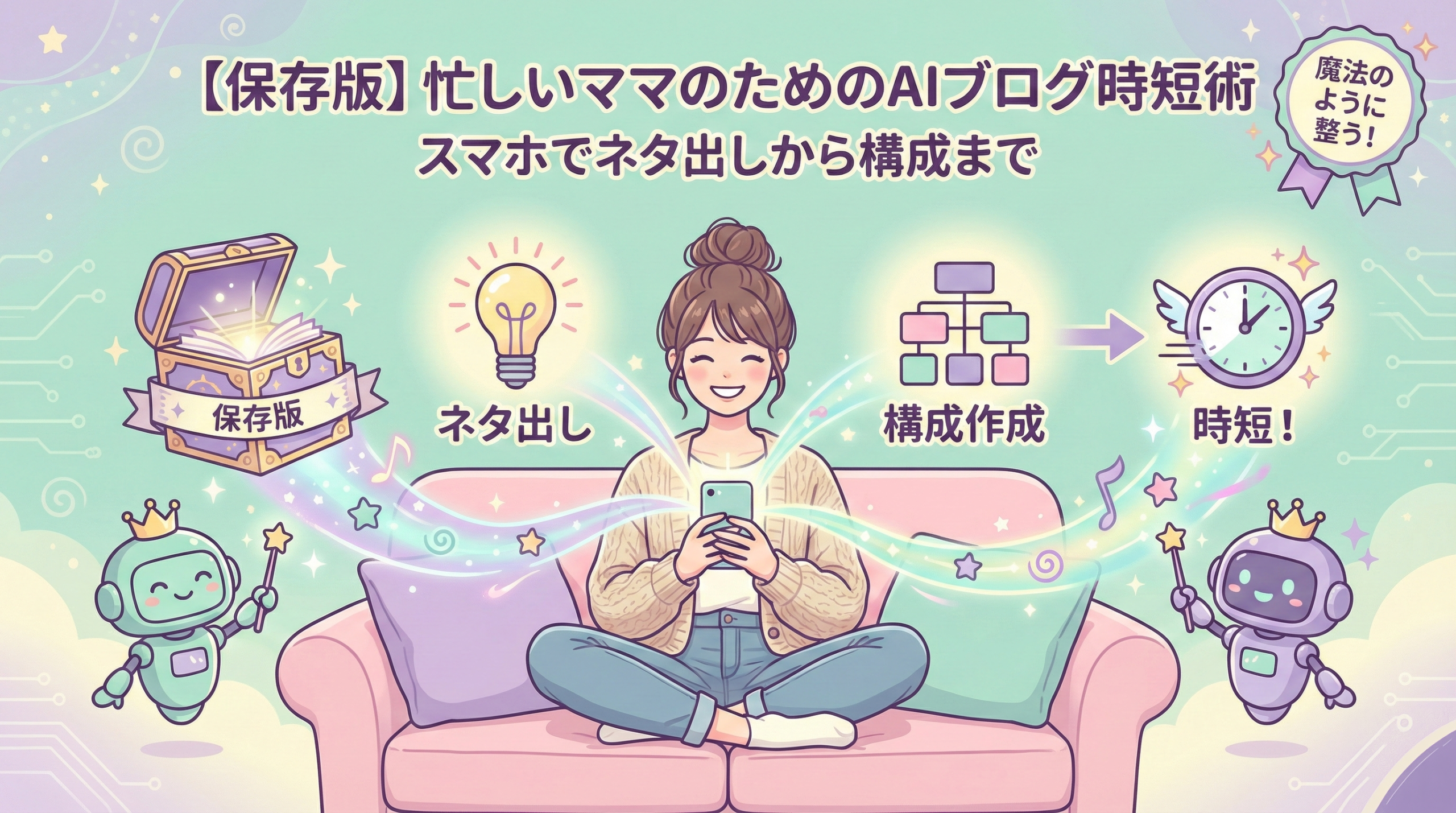 記事タイトル「【保存版】忙しいママのためのAIブログ時短術」と、スマホから「ネタ出し」「構成」「時短」の流れが魔法のように飛び出す様子を描いたパステルカラーのイラスト。笑顔のママと2体のAIロボットが描かれている。
