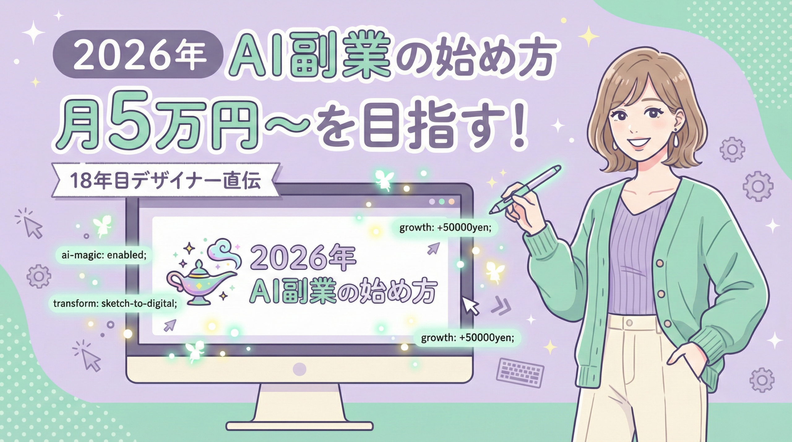 パステルカラーの優しい背景に、ノートパソコンとAIを象徴する光のアイコン。2026年最新のAI副業ガイド「AIは頼れる部下」をイメージしたアイキャッチ画像