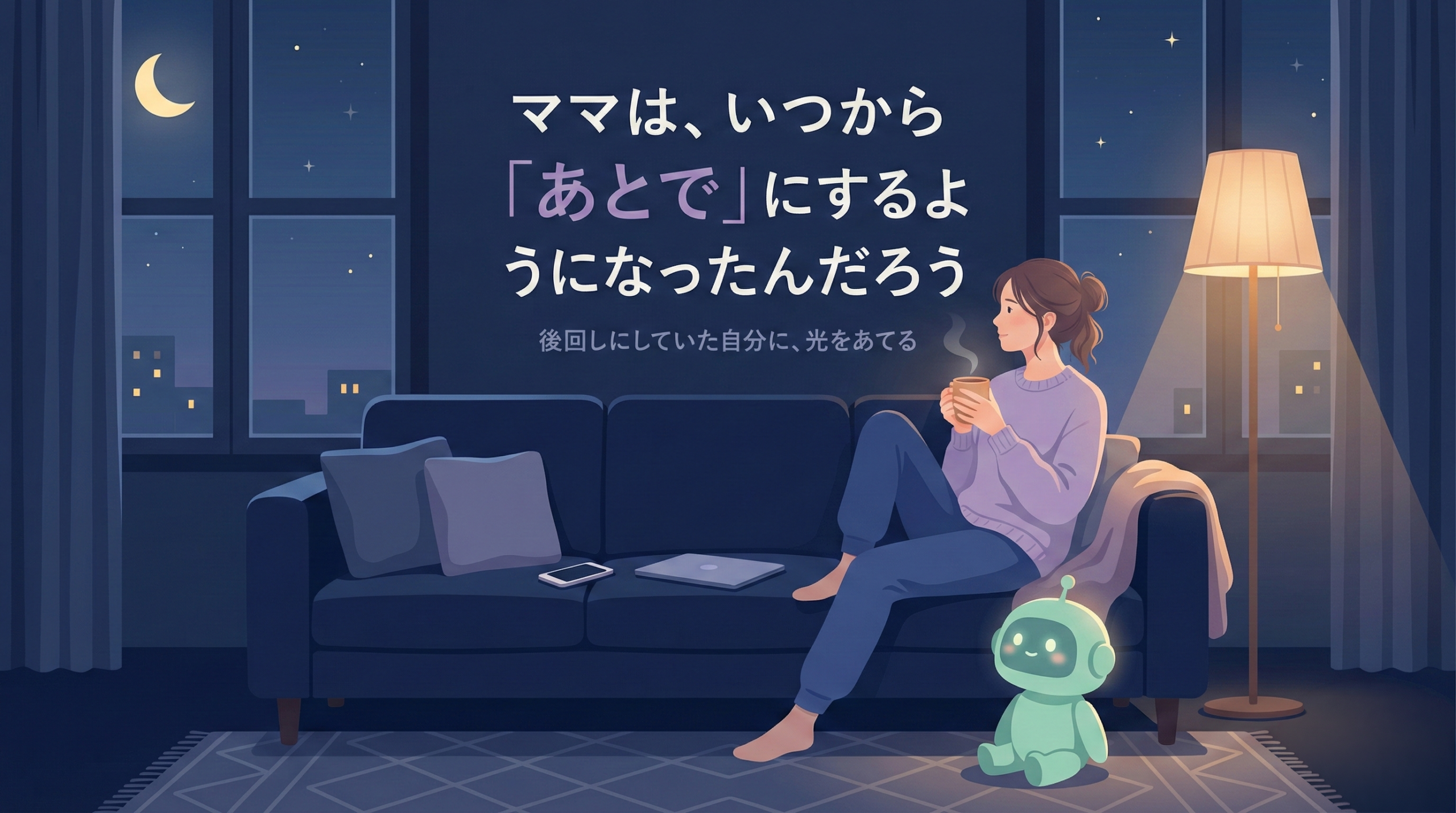 自分のことを後回しにしがちなママへ贈るエッセイ「ママは、いつから『あとで』にするようになったんだろう」のアイキャッチ。夜のひとり時間に自分を取り戻す瞬間を描いた情緒的な図解。
