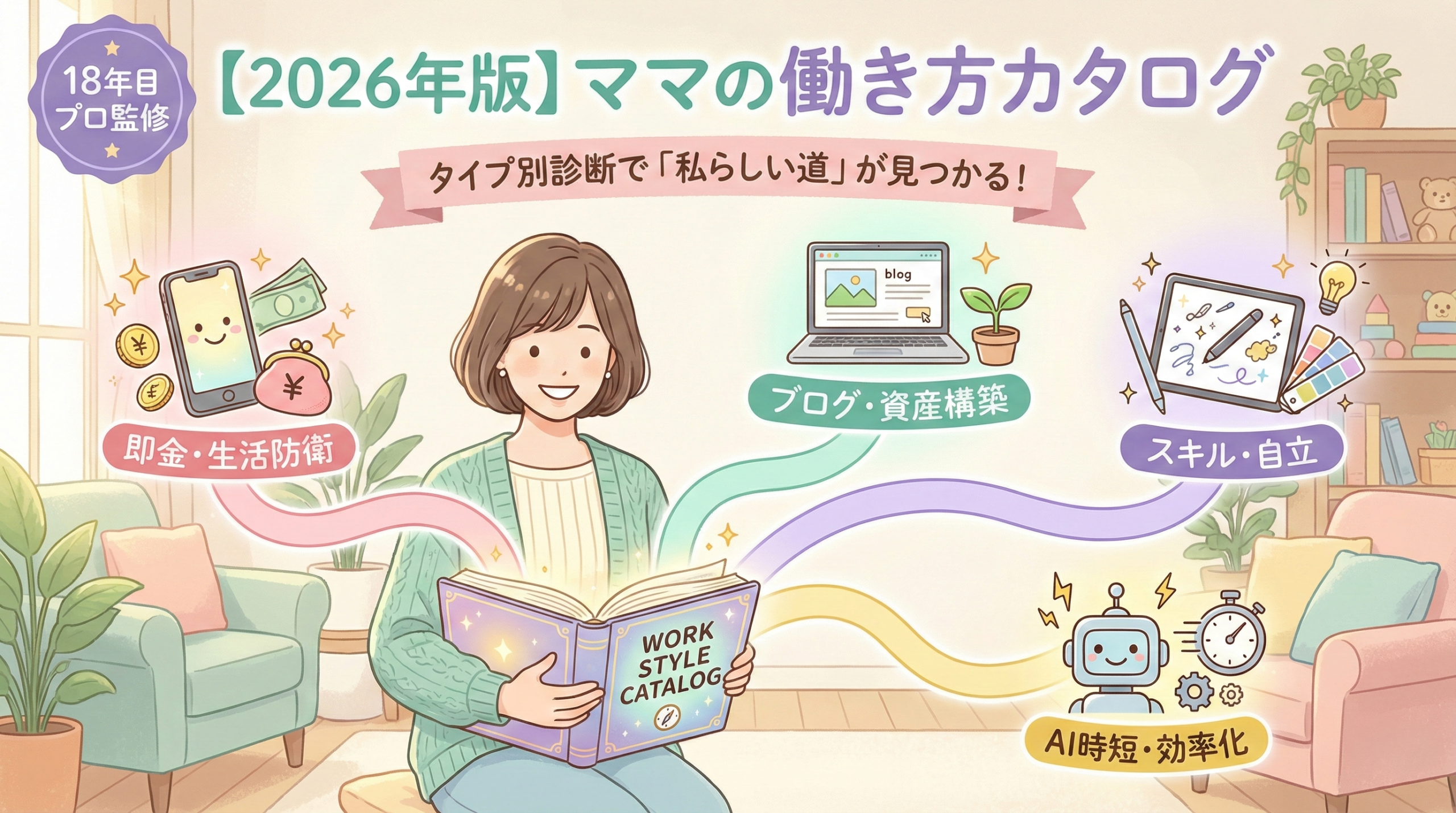 【2026年版】ママの働き方カタログのアイキャッチ。4つのスタイル（即金、ブログ、スキル、AI時短）から自分にぴったりの道を見つける、18年目プロ監修のロードマップ解説画像。